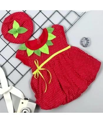 3-6-9 Ay Çilek Bebekler Penye Kumaş Kısa Kol Bebek Elbisesi Kırmızı