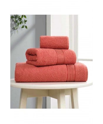 3 lü Banyo Havlusu Seti Pamuklu Ritim Kiremit
