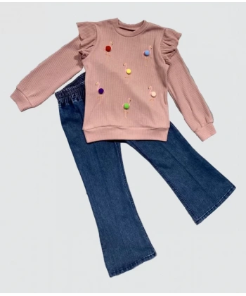 4-5-6 Yaş Kot Pantolonlu Flamingo Desenli Penye Sweat Uzun Kollu 2li Kız Çocuk Takımı Gül Kurusu