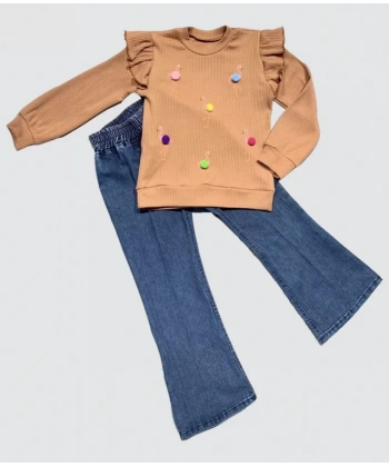 4-5-6 Yaş Kot Pantolonlu Flamingo Desenli Penye Sweat Uzun Kollu 2li Kız Çocuk Takımı Kahverengi
