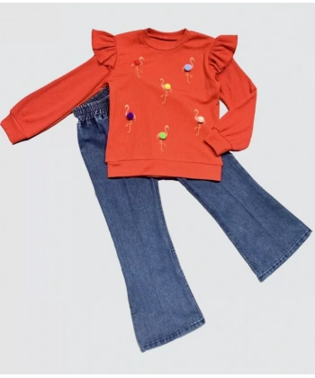 4-5-6 Yaş Kot Pantolonlu Flamingo Desenli Penye Sweat Uzun Kollu 2li Kız Çocuk Takımı Kırmızı