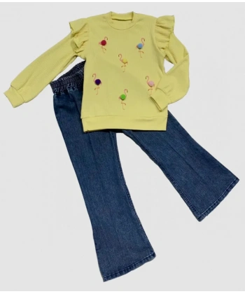 4-5-6 Yaş Kot Pantolonlu Flamingo Desenli Penye Sweat Uzun Kollu 2li Kız Çocuk Takımı Sarı