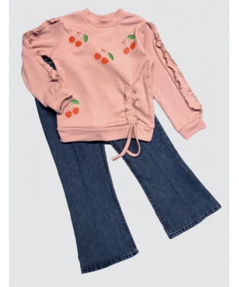 4-5-6 Yaş Kot Pantolonlu Kiraz Desenli Penye Sweat Uzun Kollu 2li Kız Çocuk Takımı Gül Kurusu