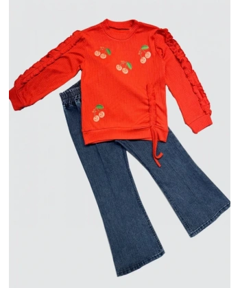 4-5-6 Yaş Kot Pantolonlu Kiraz Desenli Penye Sweat Uzun Kollu 2li Kız Çocuk Takımı Kırmızı