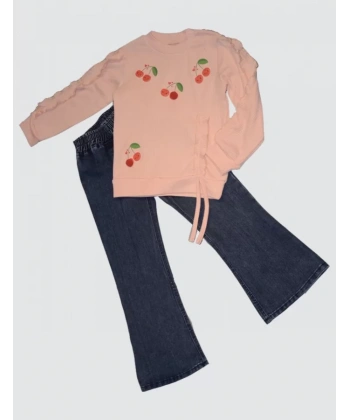 4-5-6 Yaş Kot Pantolonlu Kiraz Desenli Penye Sweat Uzun Kollu 2li Kız Çocuk Takımı Pudra