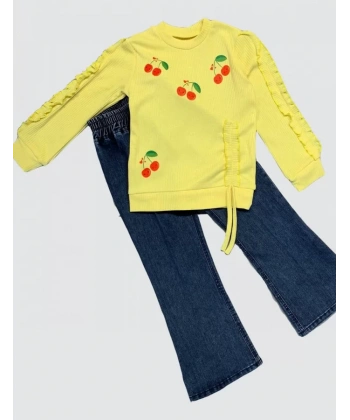 4-5-6 Yaş Kot Pantolonlu Kiraz Desenli Penye Sweat Uzun Kollu 2li Kız Çocuk Takımı Sarı
