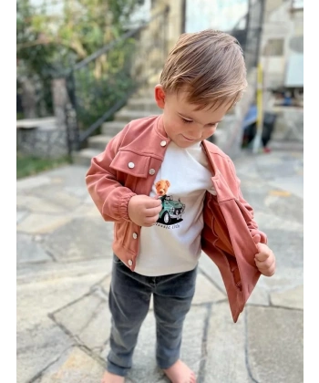 4-5-6 Yaş Kot Pantolonlu Nubukceketli Uzun Kollu Penye Sweat 3lü Erkek Çocuk Takımı Kiremit