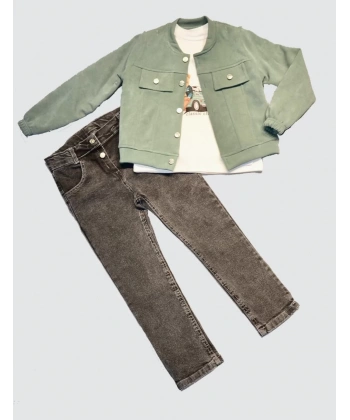 4-5-6 Yaş Kot Pantolonlu Nubukceketli Uzun Kollu Penye Sweat 3lü Erkek Çocuk Takımı Yeşil