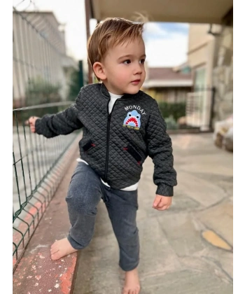 4-5-6 Yaş Kot Pantolonlu Pilot Mont Uzun Kollu Penye Sweat 3lü Erkek Çocuk Takımı Füme