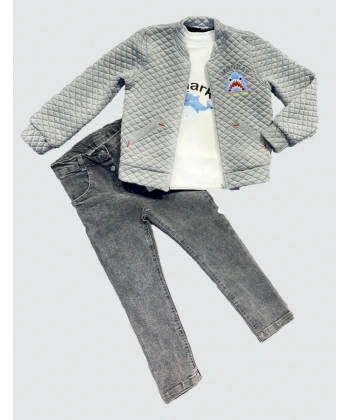 4-5-6 Yaş Kot Pantolonlu Pilot Mont Uzun Kollu Penye Sweat 3lü Erkek Çocuk Takımı Gri