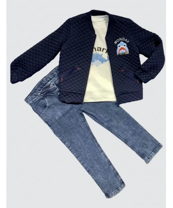 4-5-6 Yaş Kot Pantolonlu Pilot Mont Uzun Kollu Penye Sweat 3lü Erkek Çocuk Takımı Lacivert