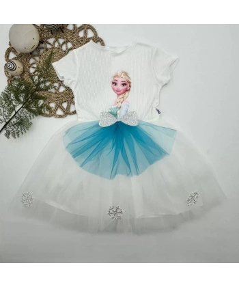 5-6-7 Yaş Elsa Desenli Fiyonklu Tül Etekli Astarlı Kısa Kollu Kız Çocuk Tütü Elbise Beyaz