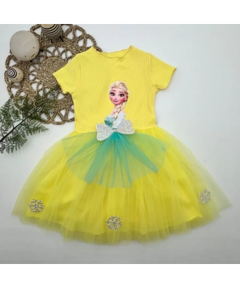 5-6-7 Yaş Elsa Desenli Fiyonklu Tül Etekli Astarlı Kısa Kollu Kız Çocuk Tütü Elbise Sarı