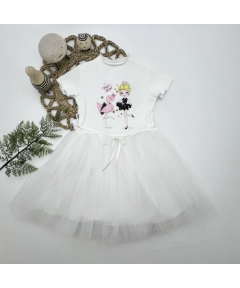 5-6-7 Yaş Flamingo Balerin Kız Baskılı Kurdela Kuşaklı Astarlı Kız Çocuk Tütü Elbise Beyaz