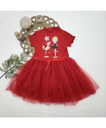 5-6-7 Yaş Flamingo Balerin Kız Baskılı Kurdela Kuşaklı Astarlı Kız Çocuk Tütü Elbise Kırmızı
