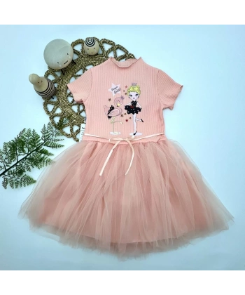 5-6-7 Yaş Flamingo Balerin Kız Baskılı Kurdela Kuşaklı Astarlı Kız Çocuk Tütü Elbise Somon