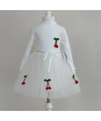 5-6-7 Yaş Kiraz Desenli Kurdela Kuşaklı Astarlı Uzun Kollu Kız Çocuk Tütü Elbise Beyaz