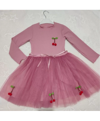 5-6-7 Yaş Kiraz Desenli Kurdela Kuşaklı Astarlı Uzun Kollu Kız Çocuk Tütü Elbise Gül Kurusu