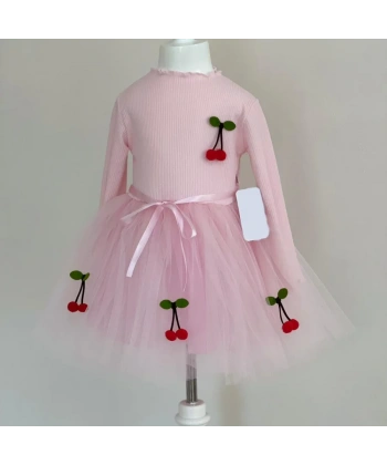 5-6-7 Yaş Kiraz Desenli Kurdela Kuşaklı Astarlı Uzun Kollu Kız Çocuk Tütü Elbise Pembe