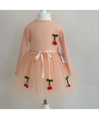 5-6-7 Yaş Kiraz Desenli Kurdela Kuşaklı Astarlı Uzun Kollu Kız Çocuk Tütü Elbise Somon