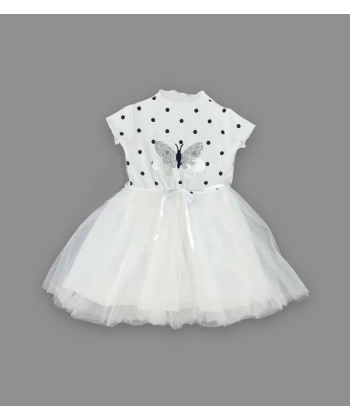 5-6-7 Yaş Payetli Kelebek Desenli Puantiyeli Kız Çocuk Elbisesi Beyaz