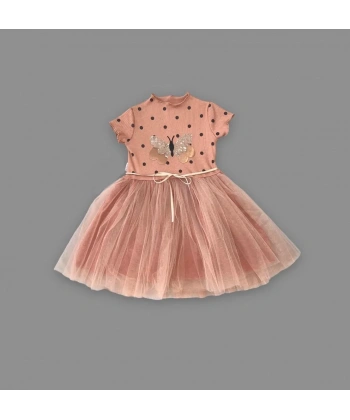 5-6-7 Yaş Payetli Kelebek Desenli Puantiyeli Kız Çocuk Elbisesi Kahverengi