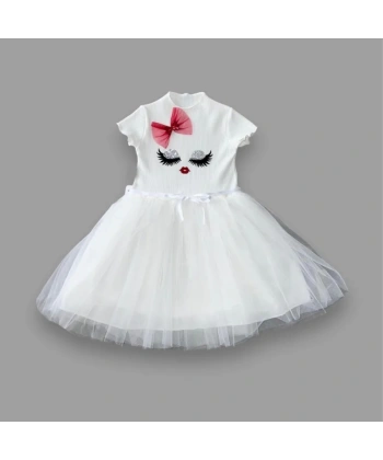 5-6-7 Yaş Payetli Süslü Yüz Baskılı Kız Çocuk Elbisesi Beyaz