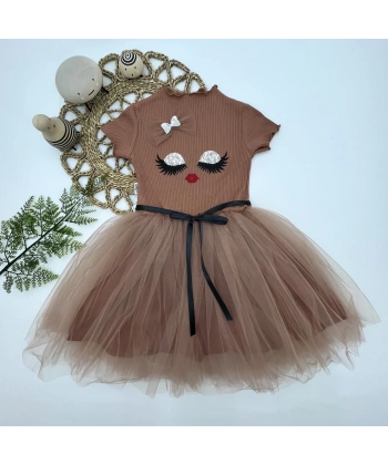 5-6-7 Yaş Payetli Süslü Yüz Baskılı Kız Çocuk Elbisesi Kahverengi