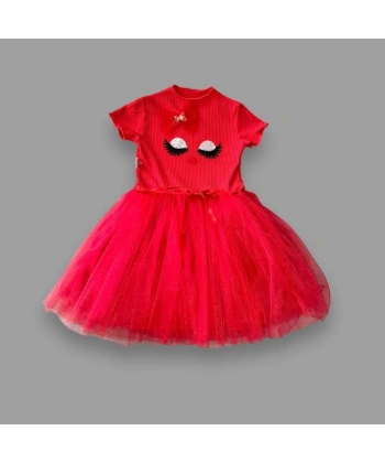5-6-7 Yaş Payetli Süslü Yüz Baskılı Kız Çocuk Elbisesi Kırmızı