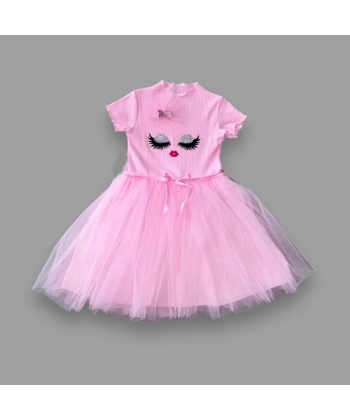 5-6-7 Yaş Payetli Süslü Yüz Baskılı Kız Çocuk Elbisesi Pembe