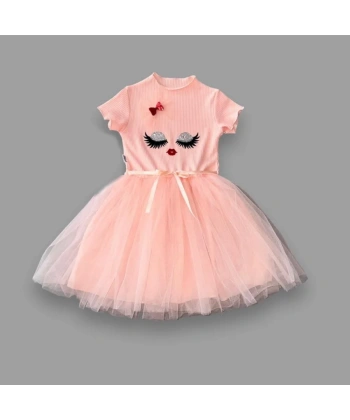 5-6-7 Yaş Payetli Süslü Yüz Baskılı Kız Çocuk Elbisesi Pudra