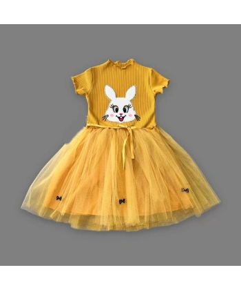 5-6-7 Yaş Payetli Tavşan Baskılı Kız Çocuk Elbisesi Hardal