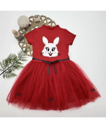 5-6-7 Yaş Payetli Tavşan Baskılı Kız Çocuk Elbisesi Kırmızı