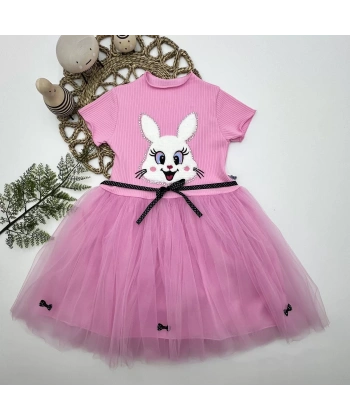 5-6-7 Yaş Payetli Tavşan Baskılı Kız Çocuk Elbisesi Pembe