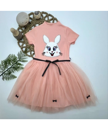 5-6-7 Yaş Payetli Tavşan Baskılı Kız Çocuk Elbisesi Pudra