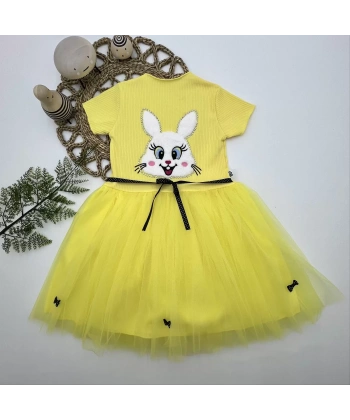 5-6-7 Yaş Payetli Tavşan Baskılı Kız Çocuk Elbisesi Sarı