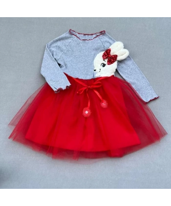 5-6-7 Yaş Pelüş Tavşan Desenli Kurdela Kuşaklı Astarlı Kız Çocuk Tütü Elbise Kırmızı