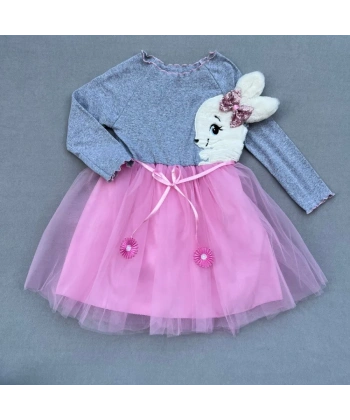 5-6-7 Yaş Pelüş Tavşan Desenli Kurdela Kuşaklı Astarlı Kız Çocuk Tütü Elbise Pembe