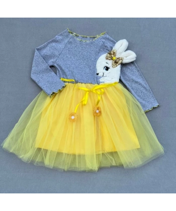 5-6-7 Yaş Pelüş Tavşan Desenli Kurdela Kuşaklı Astarlı Kız Çocuk Tütü Elbise Sarı