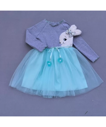 5-6-7 Yaş Pelüş Tavşan Desenli Kurdela Kuşaklı Astarlı Kız Çocuk Tütü Elbise Turkuaz