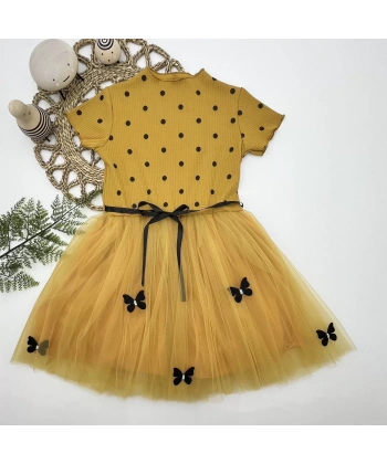 5-6-7 Yaş Puantiyeli Kelebek Etekli Astarlı Kız Çocuk Elbisesi Hardal