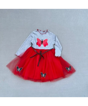 5-6-7 Yaş Taşlı Kelebek Desenli Kurdela Kuşaklı Astarlı Kız Çocuk Tütü Elbise Kırmızı