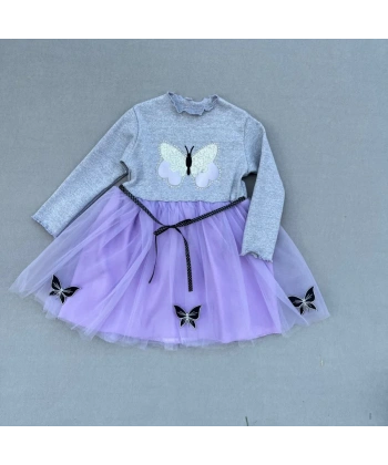 5-6-7 Yaş Taşlı Kelebek Desenli Kurdela Kuşaklı Astarlı Kız Çocuk Tütü Elbise Lila