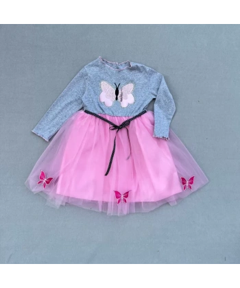 5-6-7 Yaş Taşlı Kelebek Desenli Kurdela Kuşaklı Astarlı Kız Çocuk Tütü Elbise Pembe