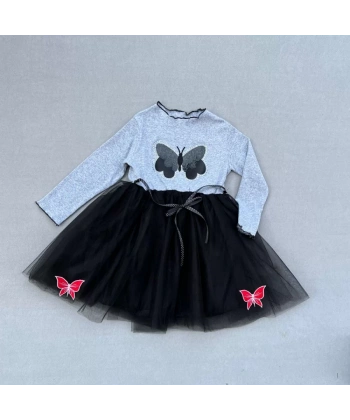 5-6-7 Yaş Taşlı Kelebek Desenli Kurdela Kuşaklı Astarlı Kız Çocuk Tütü Elbise Siyah
