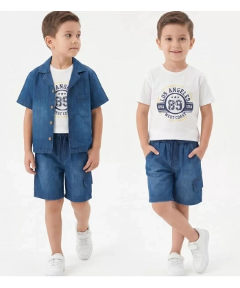 6/10 Yaş Denim Gömlek Şortlu 3lü Çocuk Takımı