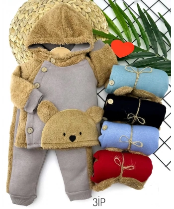 6-12-18-24 Ay Düğme Kapamalı Kapşonlu Ceket Welsoft Detaylı 2li Erkek Bebek Takımı Bej