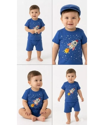 6/24 Ay Roket Baskılı 2li Bebek Takımı