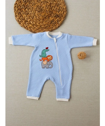 6-9 12-18 18-24 24-36 Ay Animal Nakışlı Bal Peteği Kumaş Es Fermuarlı Erkek Bebek Tulumu Mavi