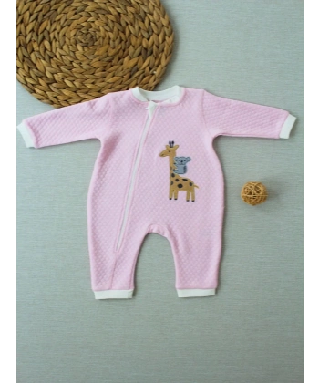 6-9 12-18 18-24 24-36 Ay Animal Nakışlı Bal Peteği Kumaş Es Fermuarlı Kız Bebek Tulumu Pembe